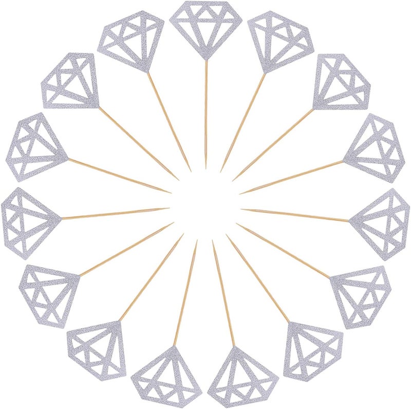TKMOS 50 Pack Silver Glitter Diamond Cupcake Toppers - Image 1